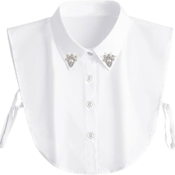 Tops - Women Faux Collar Shirt Pearl Diamond Handmade Elegant Faux Diamond Pearl